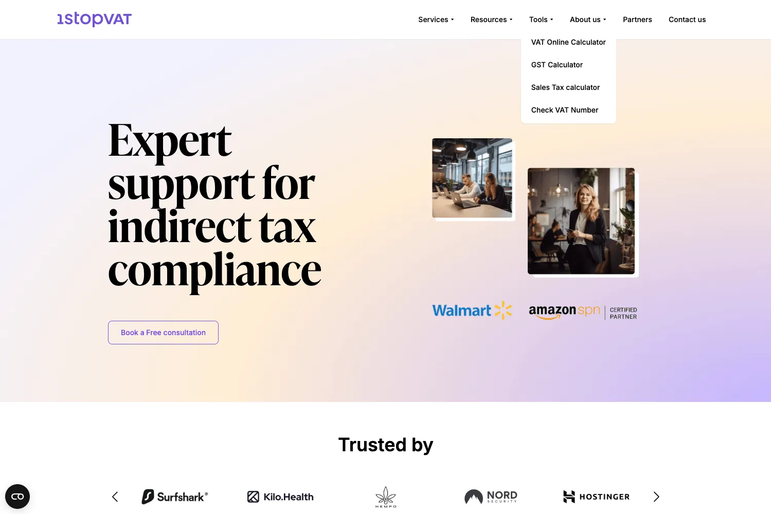 1stopVAT svetainės antraštė su vertės pasiūlymu „Expert support for indirect tax compliance“ ir mygtuku „Book a Free Consultation“.