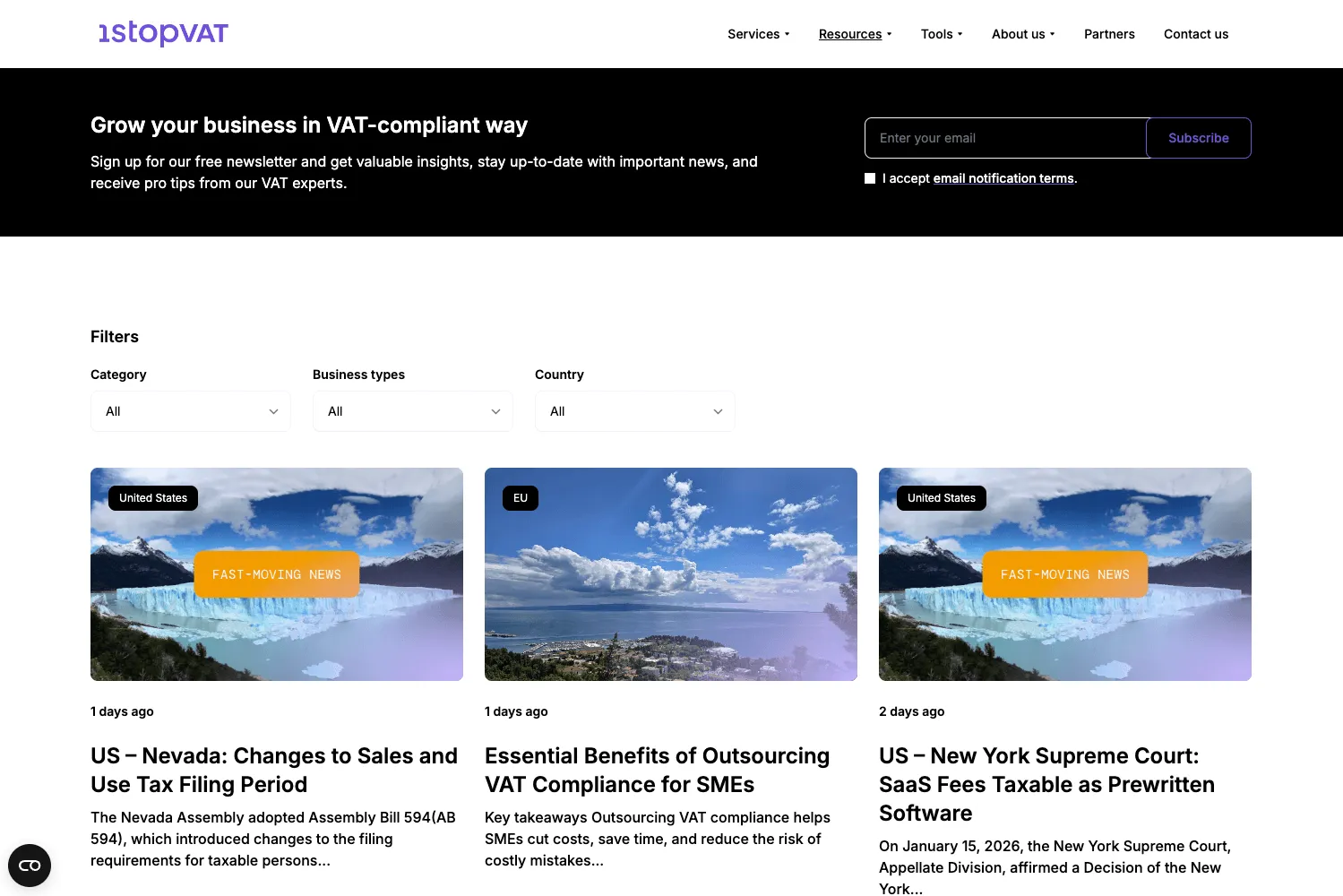 1stopVAT naujienlaiškio registracijos skiltis šalia naujausių VAT naujienų straipsnių su filtravimo parinktimis pagal kategoriją, verslo tipą ir šalį.