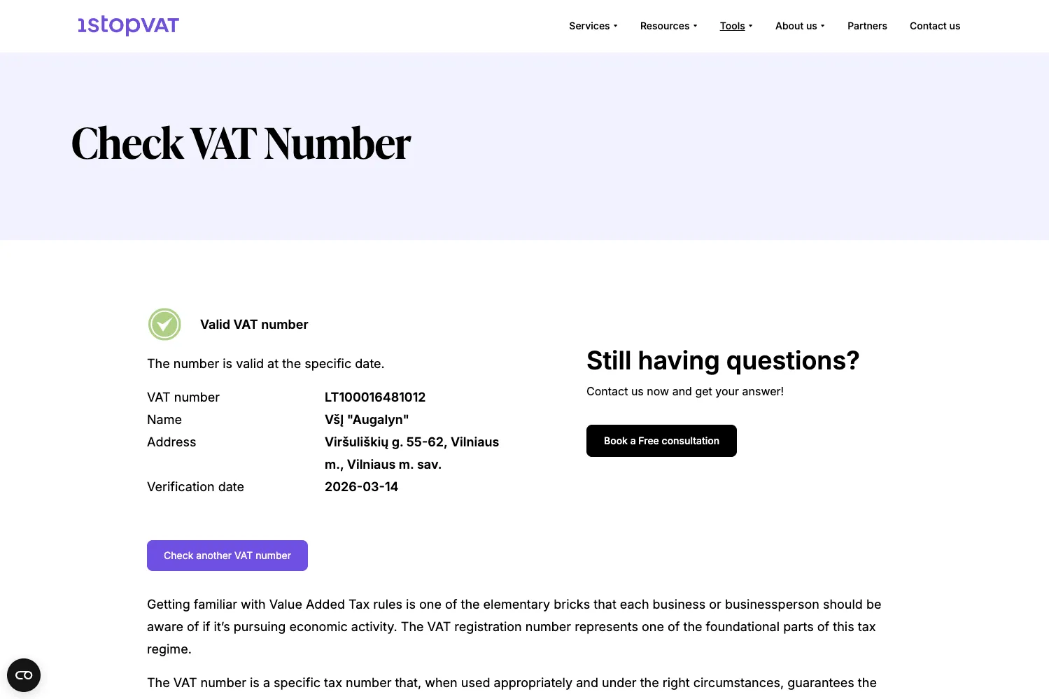 PVM patikros rezultatų puslapis, patvirtinantis galiojantį Lietuvos PVM numerį su įmonės duomenimis ir patikros data.