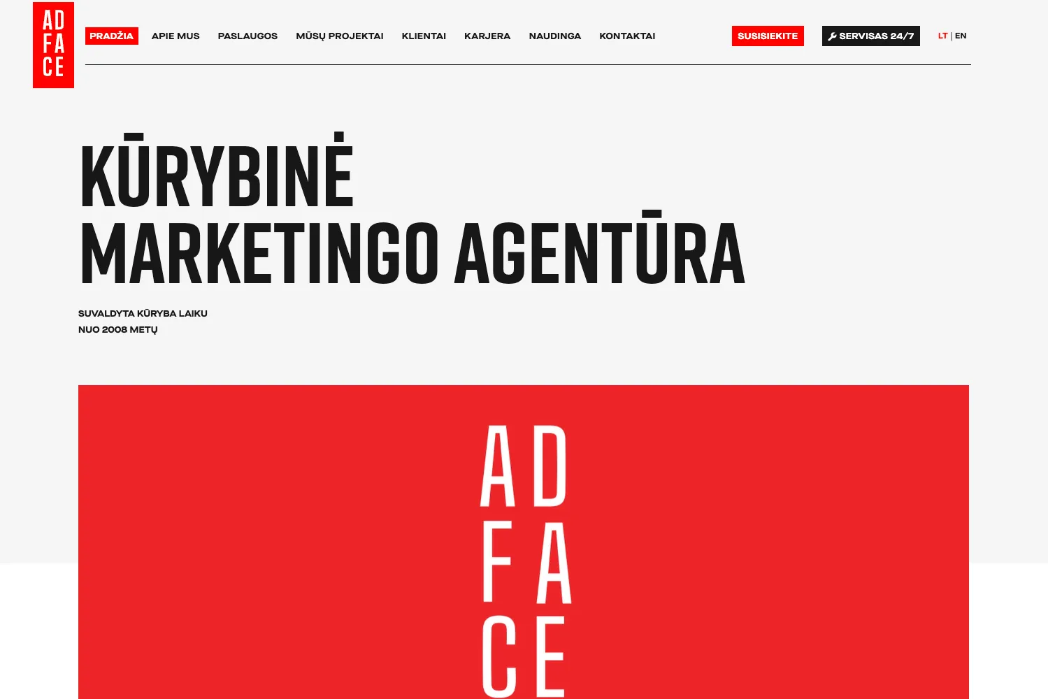 Adface marketingo agentūros svetainės pagrindinis puslapis su navigacija ir pagrindine informacija apie įmonę