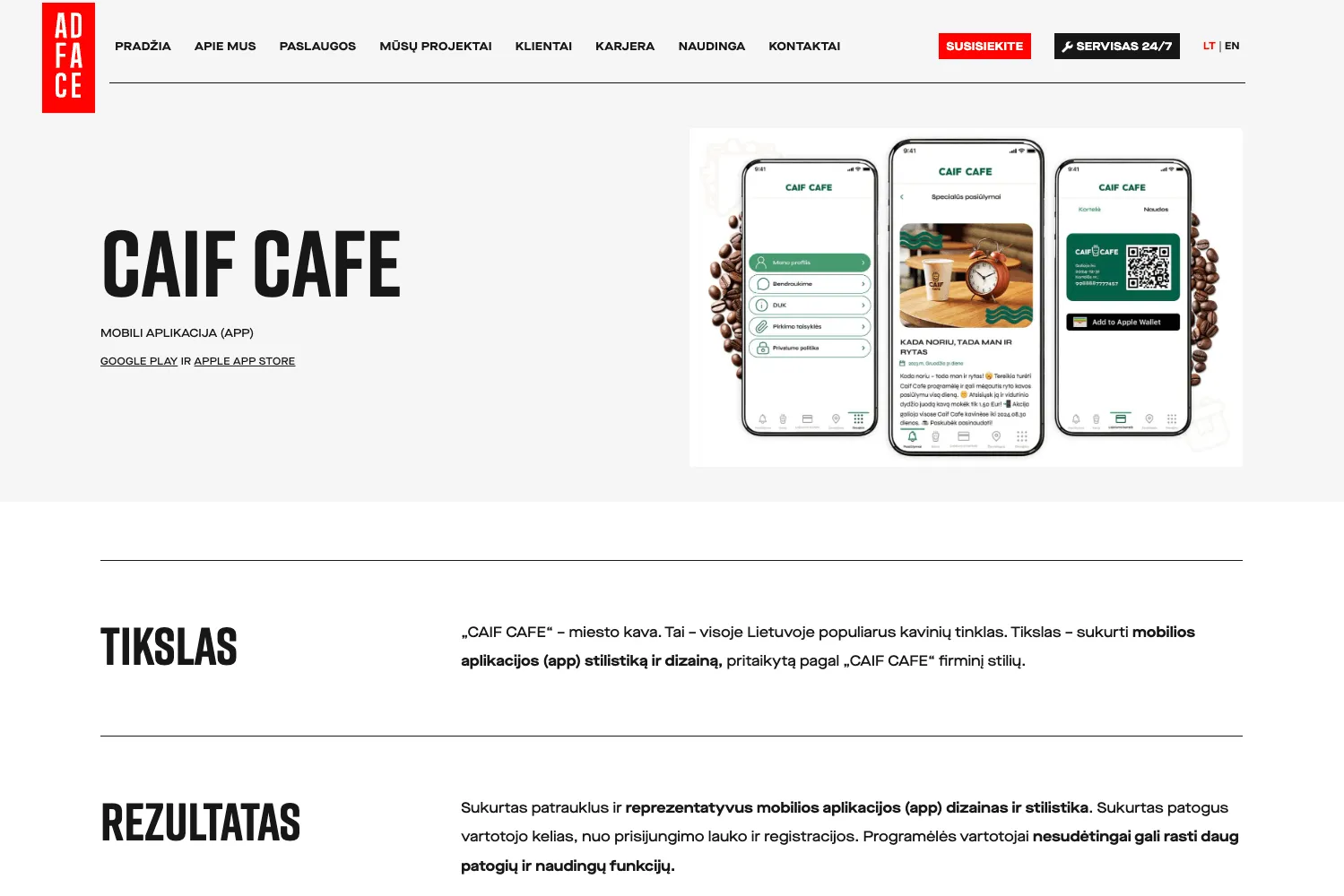 Caif Cafe mobiliosios aplikacijos projekto aprašas su tikslu ir pasiektais rezultatais