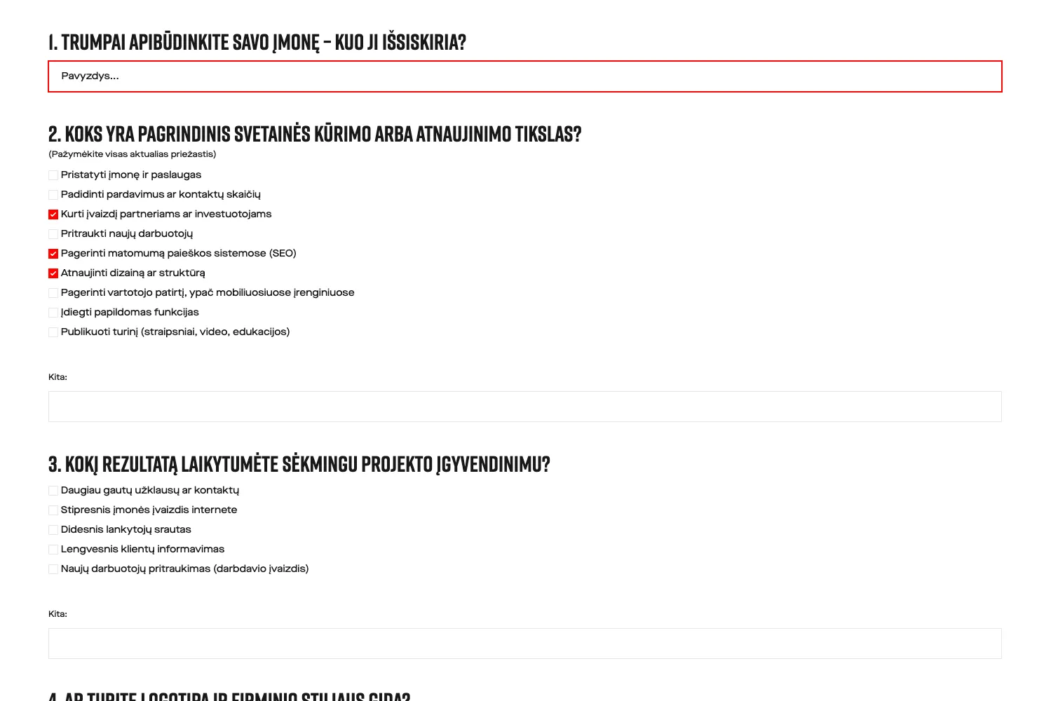Kliento apklausos forma svetainės kūrimo ar atnaujinimo projektui, kurioje klientas gali apibūdinti įmonę, nustatyti tikslus ir lūkesčius