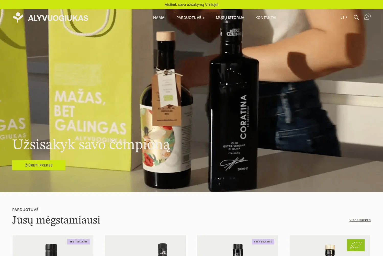 Alyvuogiuko internetinės parduotuvės pagrindinis puslapis su logotipu, video fonu ir meniu.