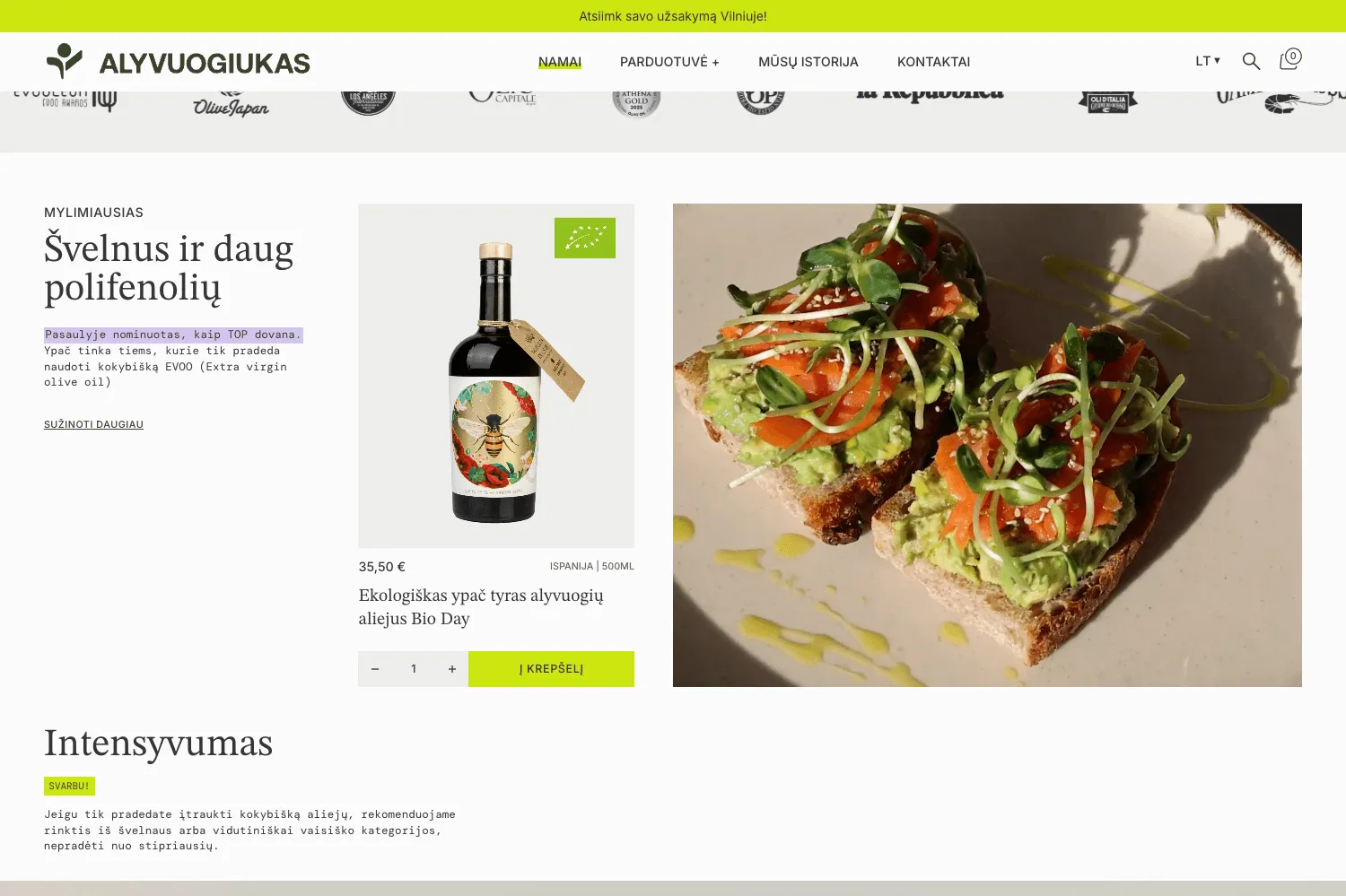 Produkto puslapis su alyvuogių aliejaus aprašymu, kaina, intensyvumo skale ir mygtuku „Į krepšelį“.