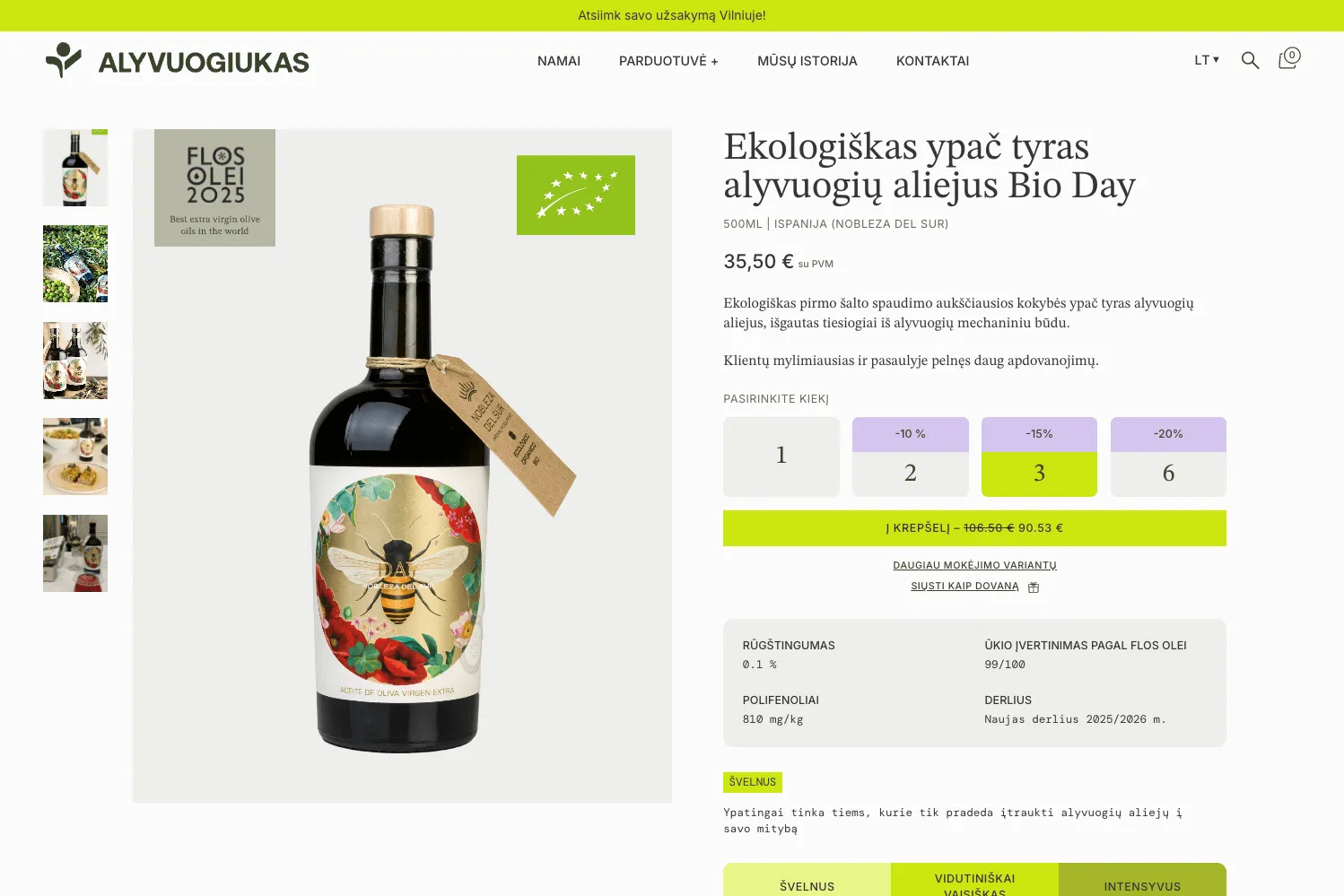 Ekologiško ypač tyro alyvuogių aliejaus puslapis su techniniais duomenimis, kainų nuolaidomis ir tarptautiniais įvertinimais.