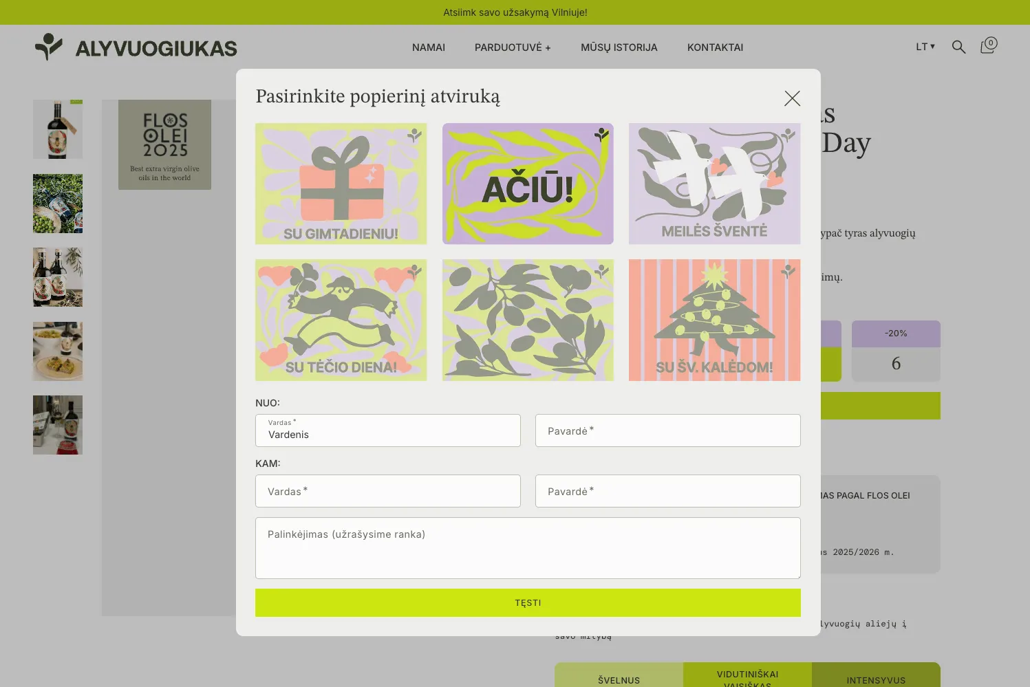 Forma, skirta pasirinkti atviruką, įrašyti siuntėjo ir gavėjo duomenis bei palinkėjimą.