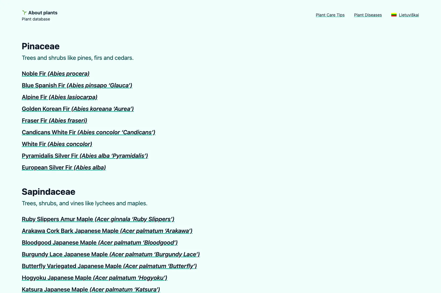 Augalų sąrašas, suskirstytas pagal šeimas.