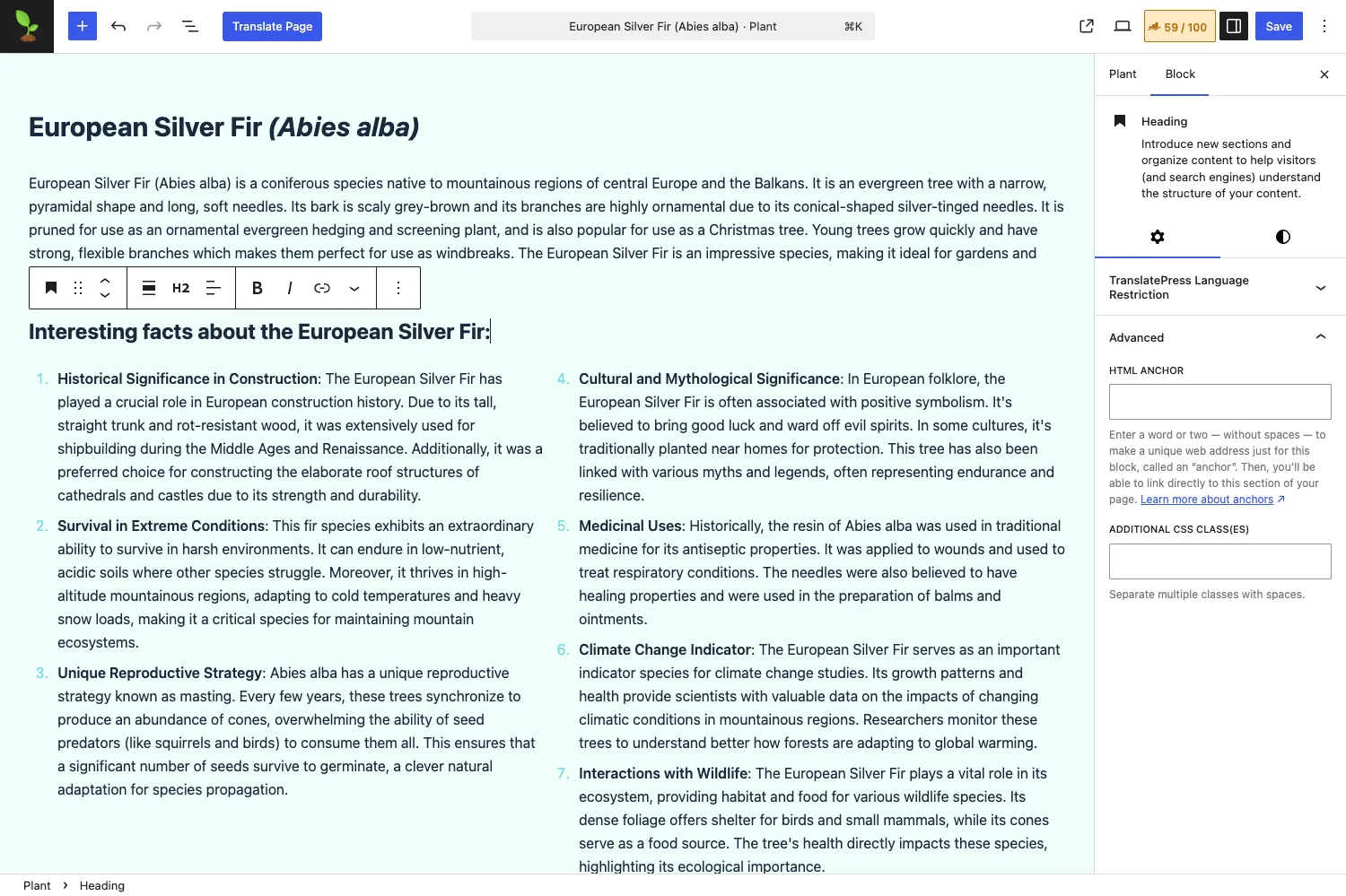 WordPress redaktorius, redaguojamas augalo aprašymas.