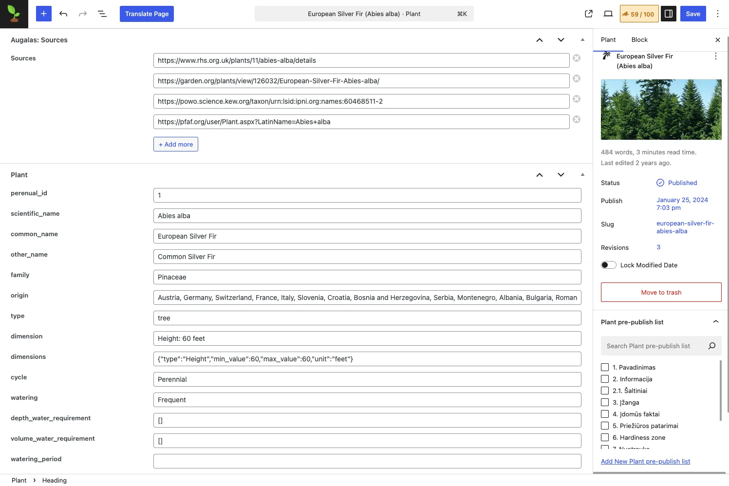 WordPress CPT laukai: pavadinimas, šeima, matmenys.