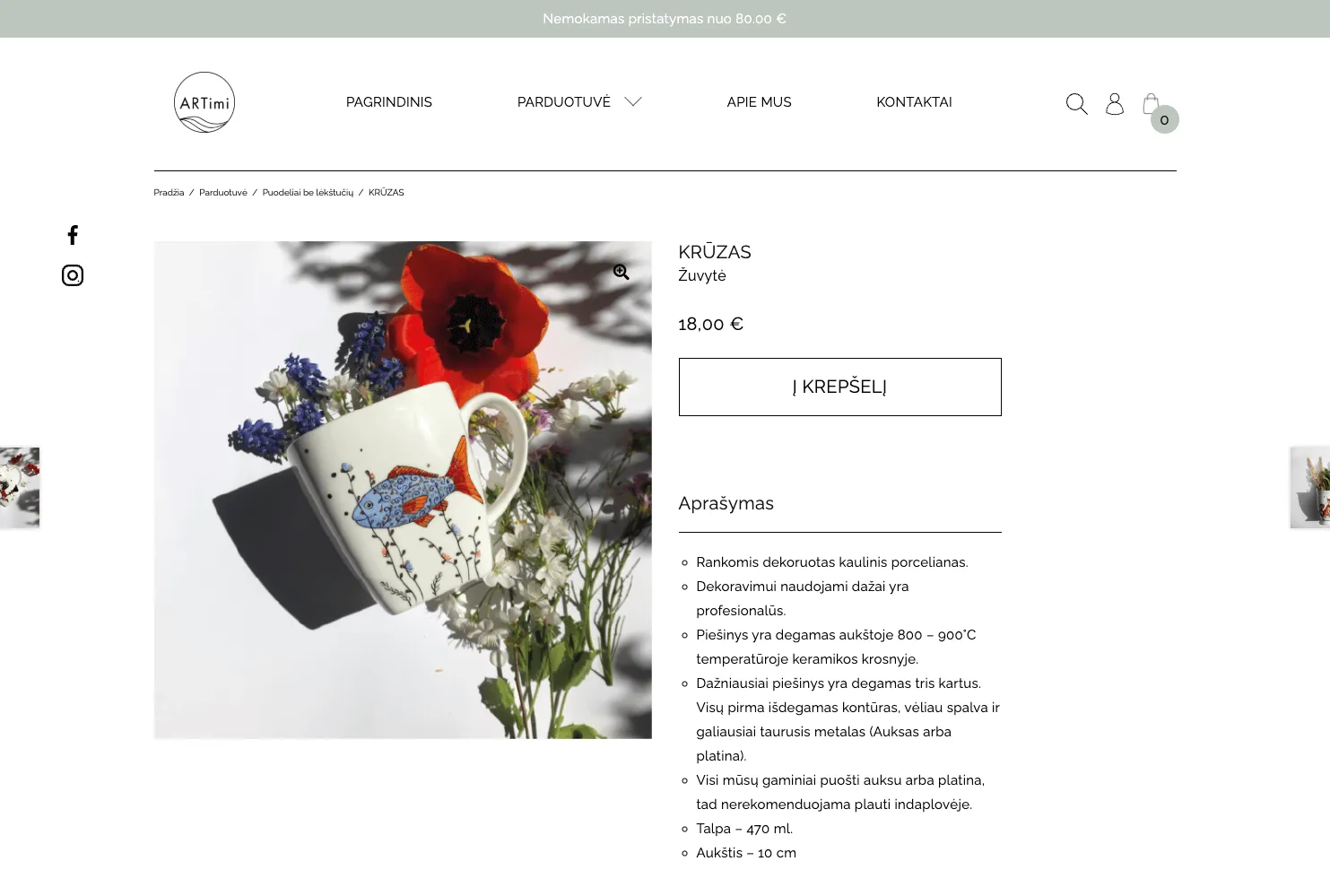 Ekrano kopija su ARTimi parduotuvės krūzo produktu, rodančiu kainą, aprašymą ir medžiagų bei gamybos proceso detales