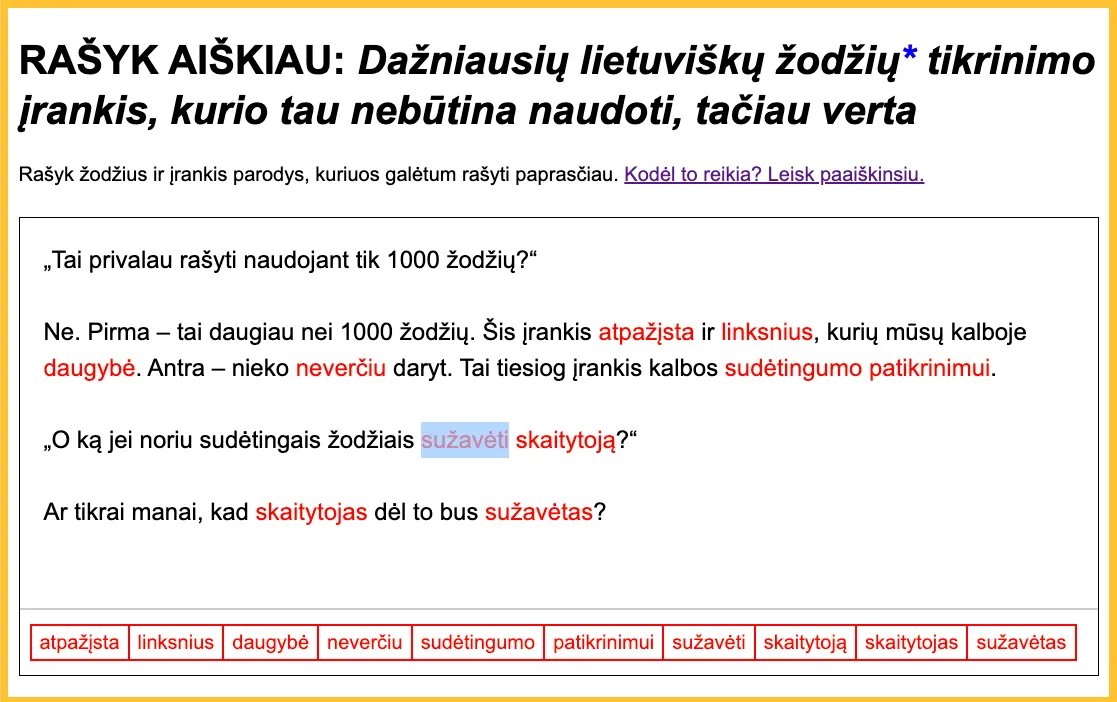 Įrankio „Rašyk aiškiau“ frontend screenshot su tekstu, kuriame kai kurie žodžiai pažymėti raudonai.