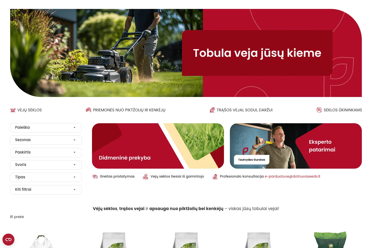 Dotnuvos sėklų katalogas, rodantis filtrus, didmeninės prekybos privalumus ir eksperto patarimus