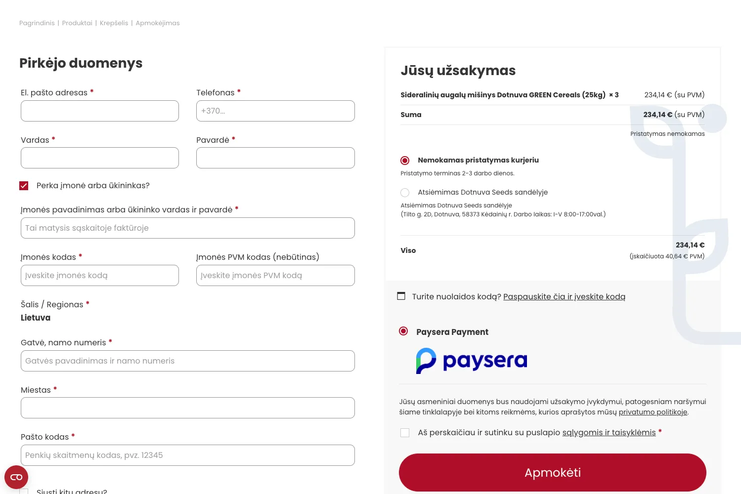Užsakymo forma su pirkėjo duomenimis, pristatymo būdo pasirinkimu ir apmokėjimo informacija