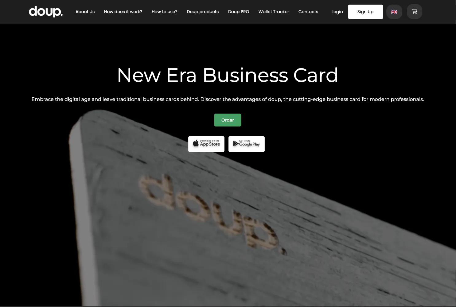 Ekrano kopija su Doup skaitmeninių vizitinių kortelių pagrindiniu puslapiu, rodanti navigaciją ir pagrindinę pasiūlymo idėją