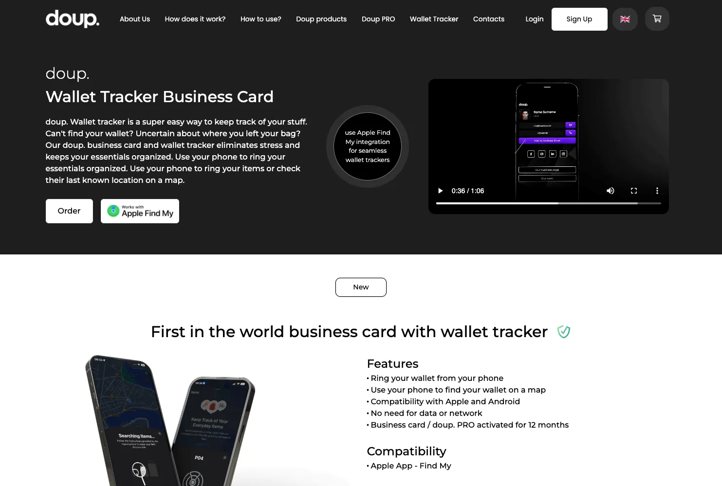 Ekrano kopija su Doup Wallet Tracker verslo kortelės aprašymu, funkcijomis ir suderinamumu su Apple Find My