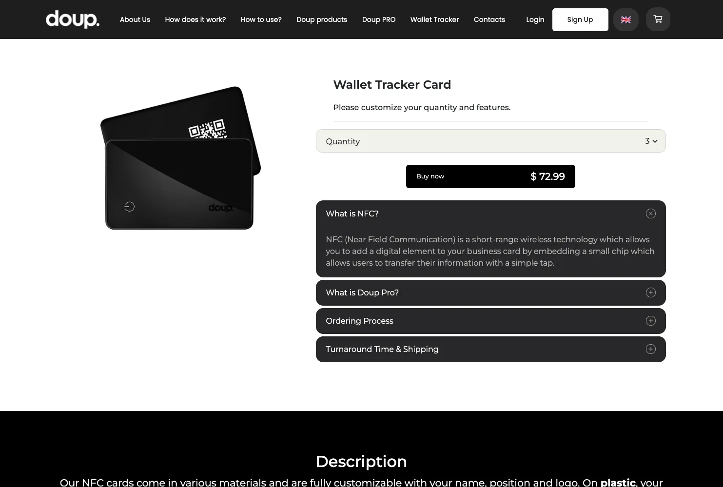 Ekrano kopija su Doup Wallet Tracker kortelės užsakymo puslapiu, rodančiu kiekio pasirinkimą, kainą ir dažniausiai užduodamus klausimus