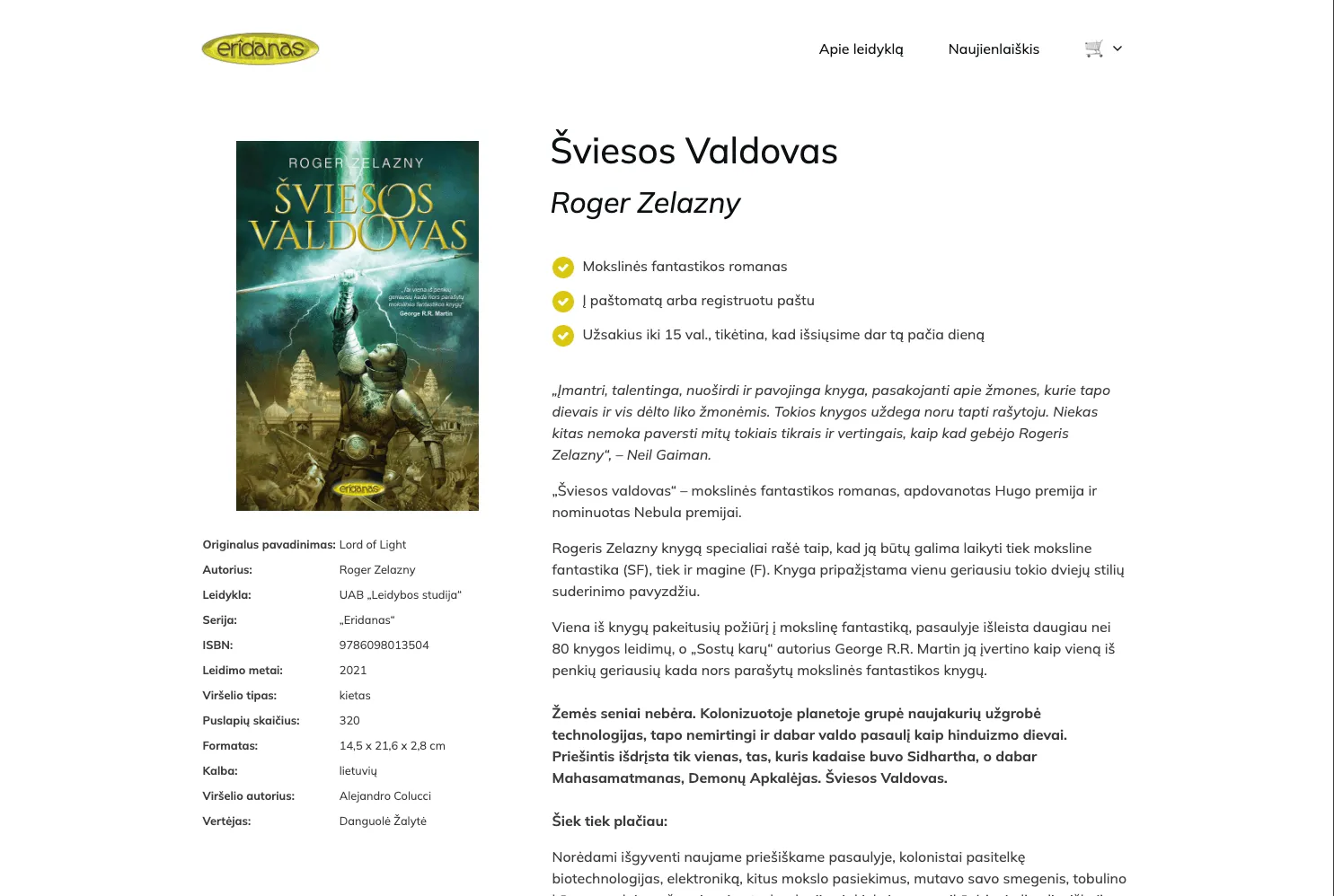 El. parduotuvės puslapis, kuriame galima nusipirkti knygą „Šviesos Valdovas“ (angl. Lord of Light)