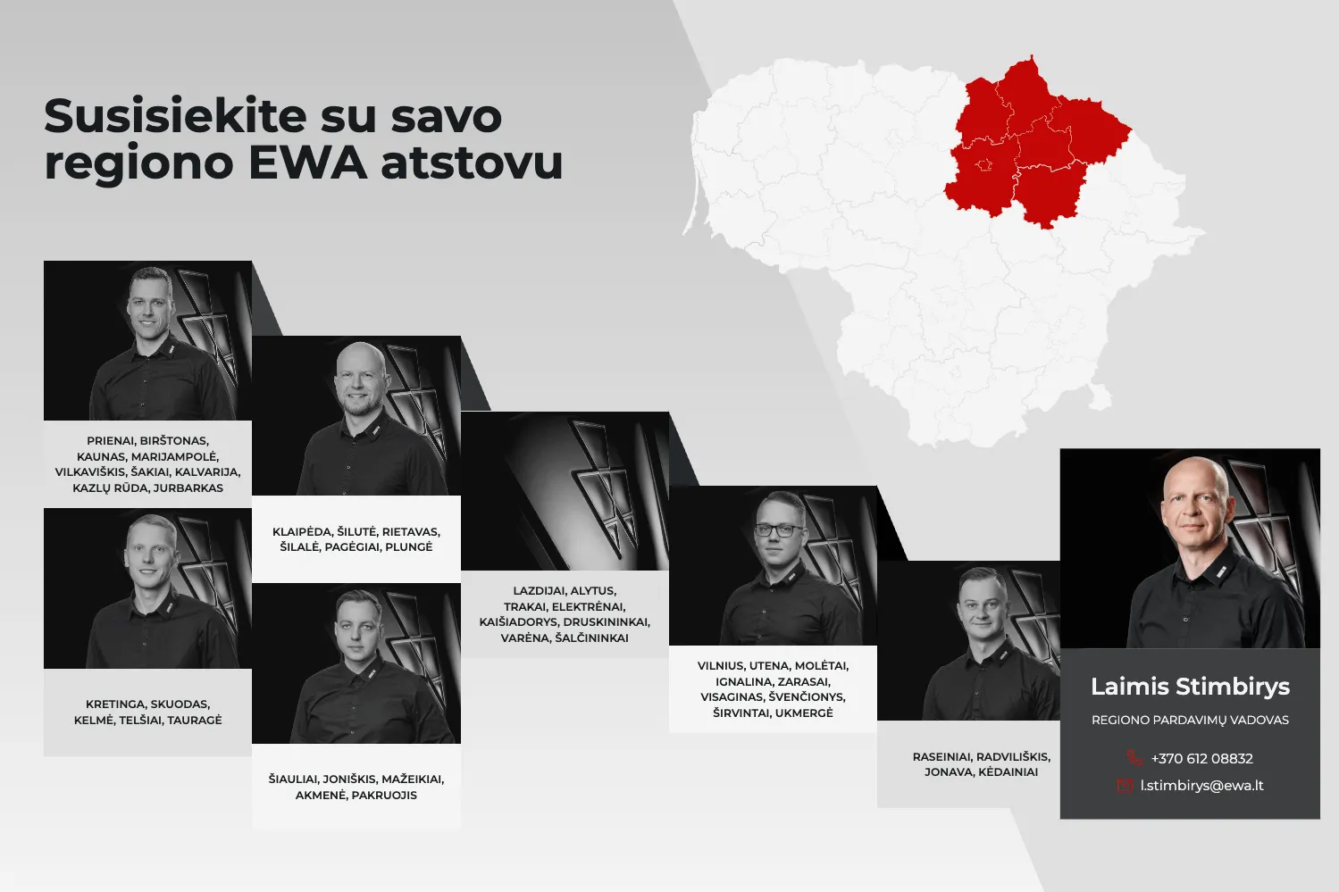 EWA atstovų kontaktų žemėlapis su regionais ir darbuotojų nuotraukomis.
