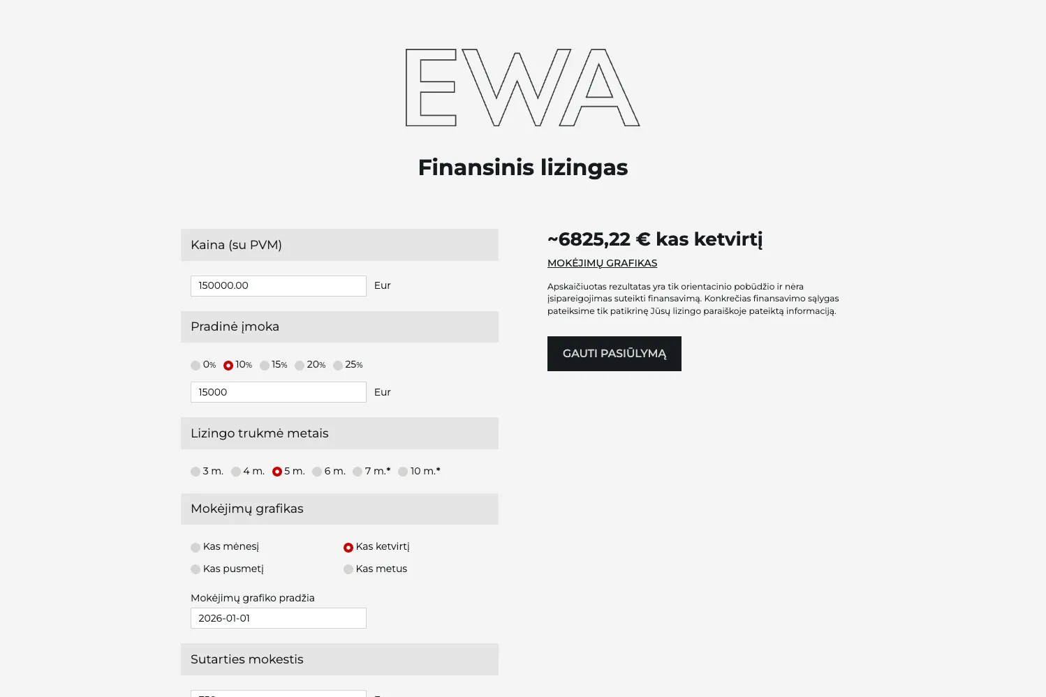 EWA finansinio lizingo skaičiuoklės puslapis su formos laukais ir rezultatų skaičiavimu.