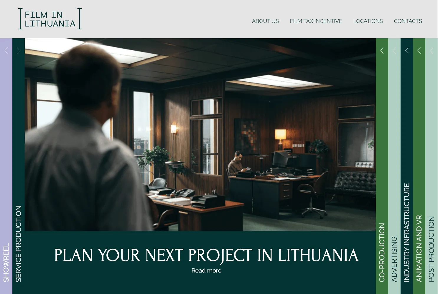Pagrindinis „Film in Lithuania“ puslapis su navigacija ir skilimo planu projektuoti Lietuvoje