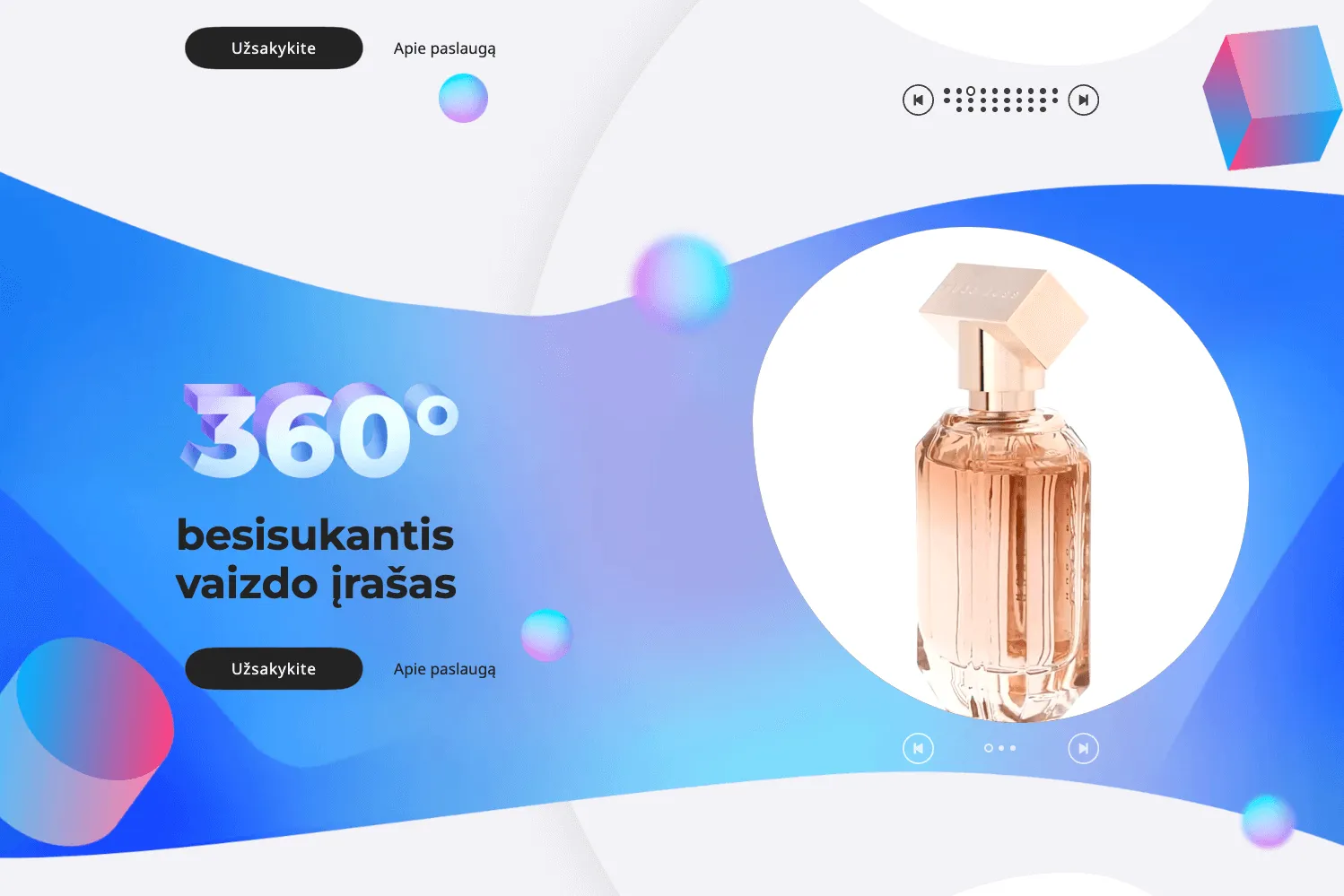 Svetainės skiltis, pristatanti 360° besisukančio vaizdo įrašo paslaugą su kvepalų buteliuko vizualizacija ir interaktyviais grafikos elementais.