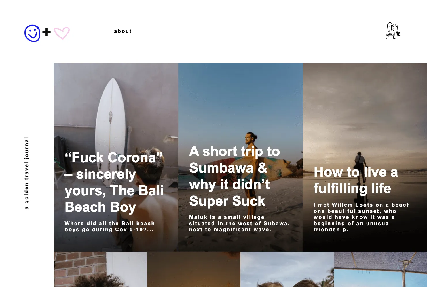 Ekrano kopija su Golden Travel Journal apie skyriumi, rodančiu kelionių straipsnius apie Sumbawą ir gyvenimo patirtis