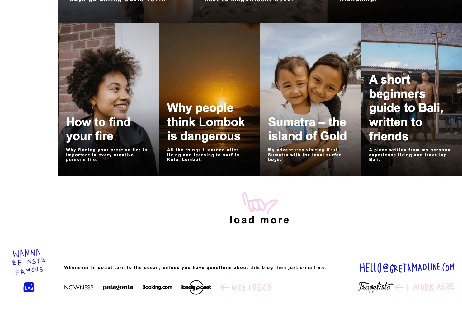 Ekrano kopija su Golden Travel Journal straipsnių sąrašu, įskaitant temas apie kūrybą, Lomboką, Sumatrą ir Bali