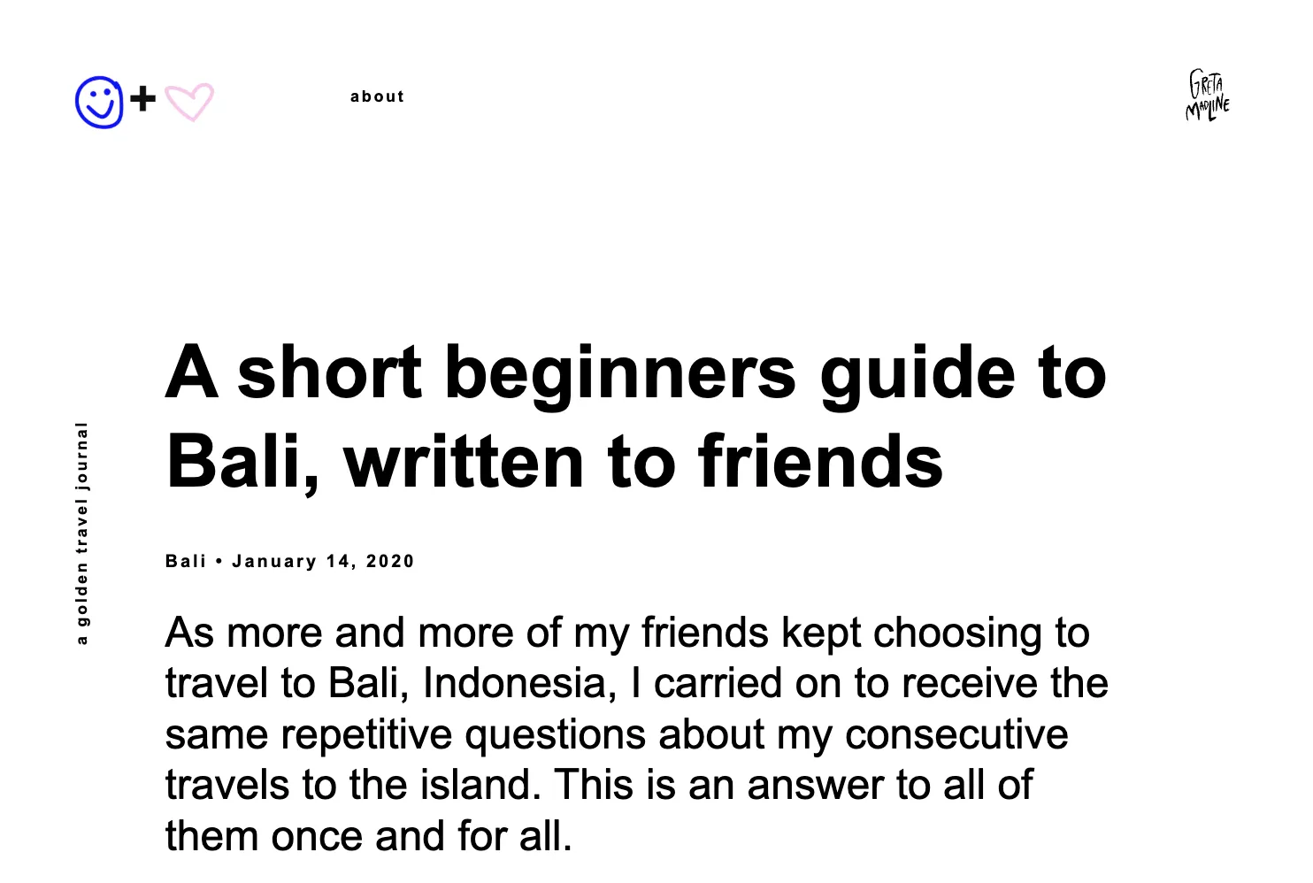 Ekrano kopija su Golden Travel Journal straipsniu 'A short beginners guide to Bali' su įžanga ir asmenine perspektyva