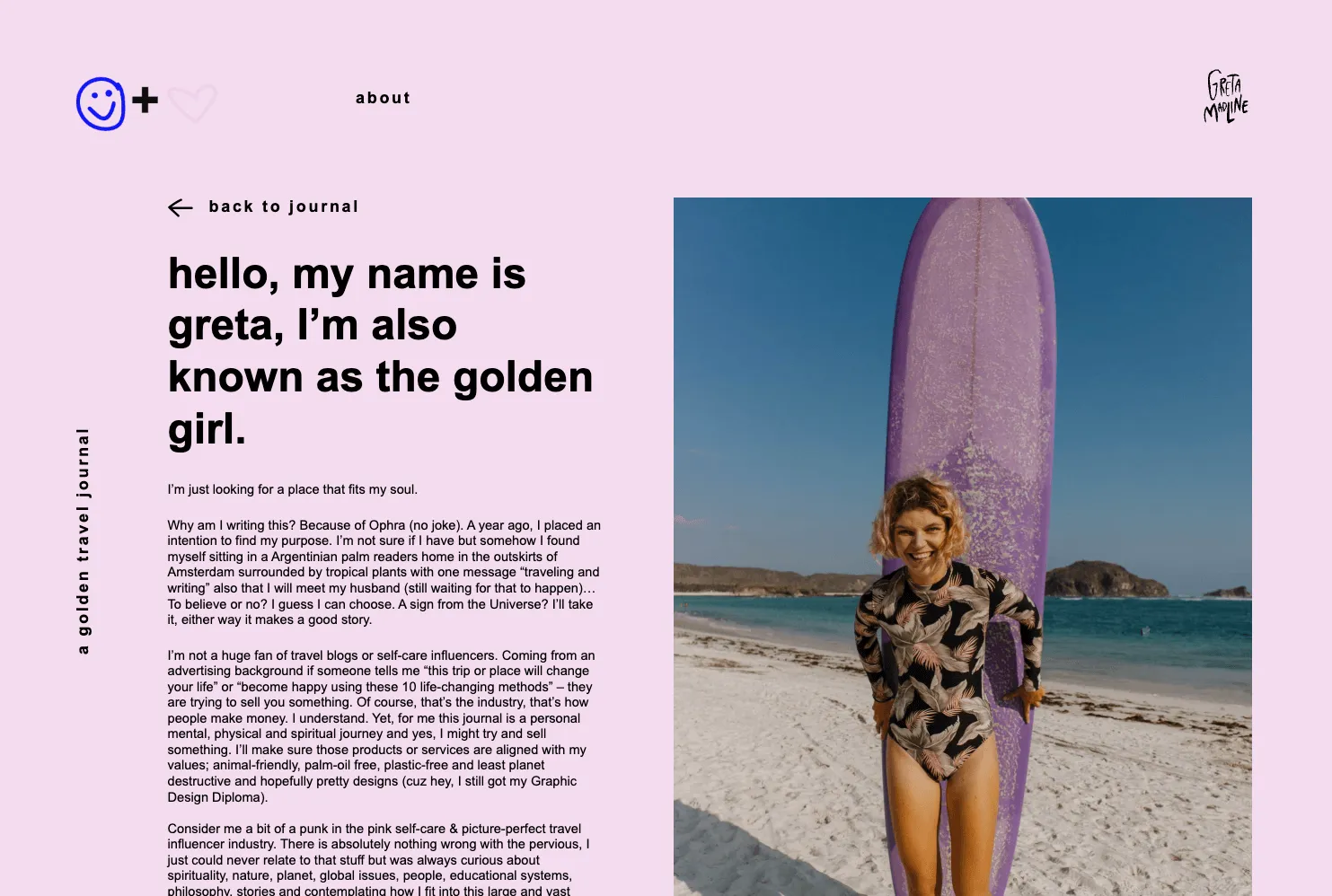 Ekrano kopija su Golden Travel Journal autorės Greta asmenine istorija, apie kelionių žurnalo tikslus ir vertybes