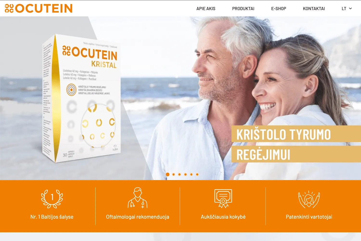 Ocutein produktų pagrindinis puslapis su akų vitamino preparatų prekės ženklu ir pagrindinėmis prekės privalumų skiltrimis