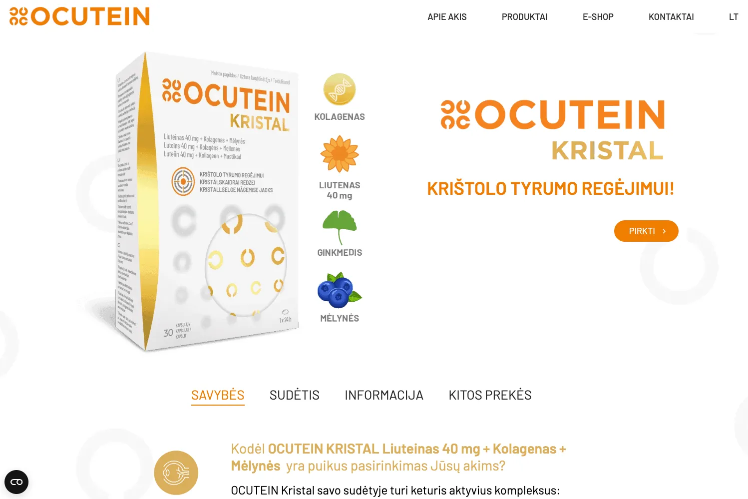 Ocutein Kristal produkto detalaus aprašymo puslapis su sudėtimi, savybėmis ir pirkimo mygtuku