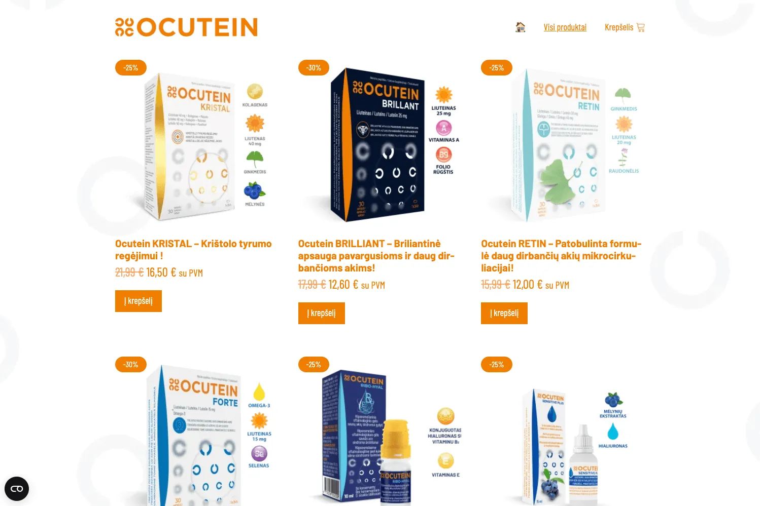 Ocutein el. parduotuvė su prekių katalogu, kvietimais įsigyti