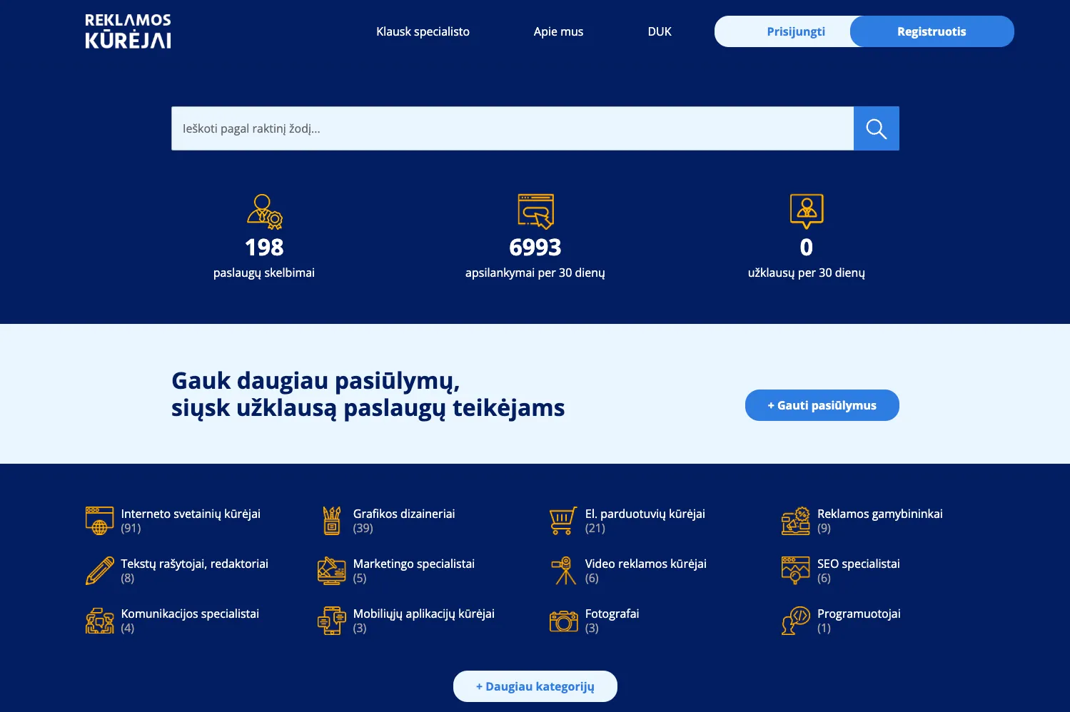 Reklamos kūrėjų platformos pagrindinis puslapis su paslaugų kategorijų sąrašu, statistikos skaičiais ir mygtuku gauti pasiūlymus