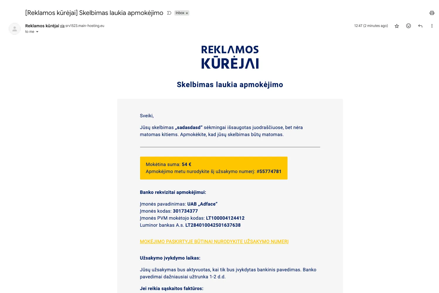 El. laiško pranešimas apie skelbimą laukiantį apmokėjimo, su mokėjimo instrukcijomis ir banko rekvizitais