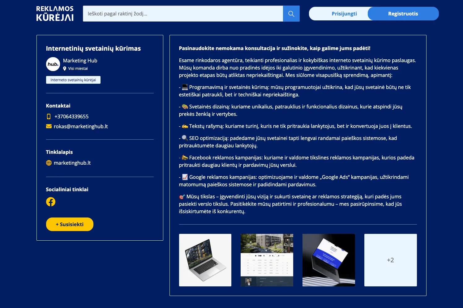 Marketing Hub įmonės skelbimo puslapis su paslaugų aprašymu, kontaktine informacija ir nemokamos konsultacijos pasiūlymu
