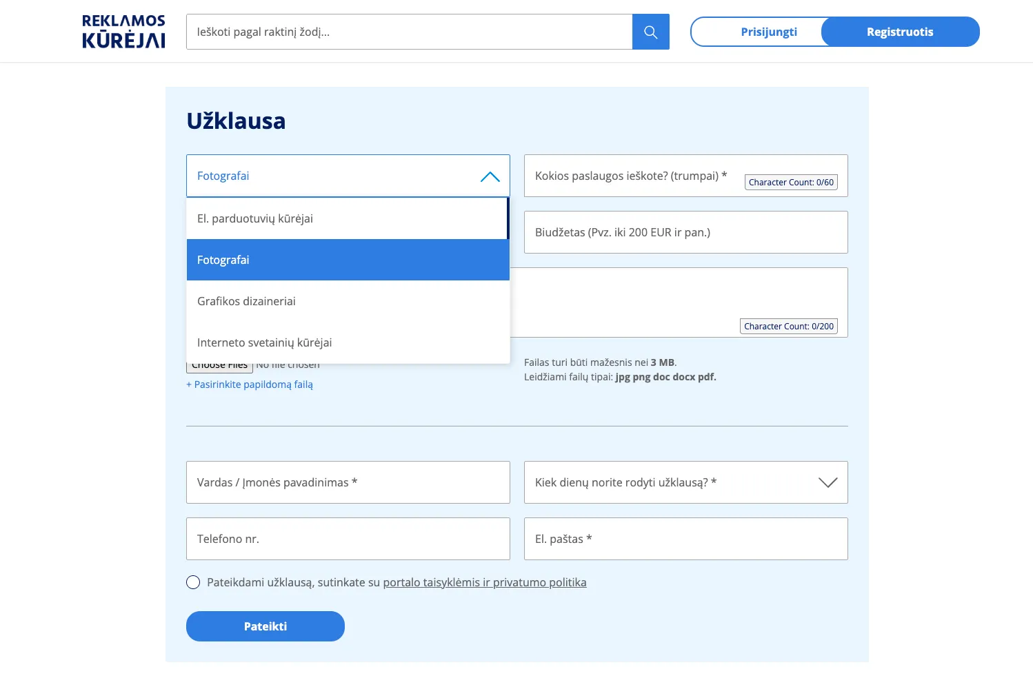 Užklausos formos puslapis su pasirinkimu paslaugų kategorijų, biudžeto nurodymu ir kontaktų įvedimo laukais