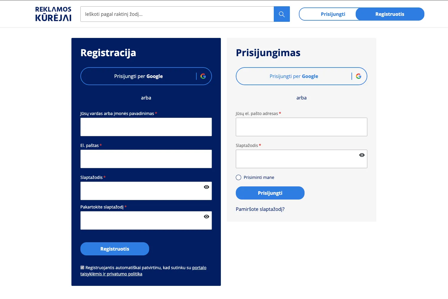 Platformos registracijos ir prisijungimo formos su įvesties laukais vardui, el paštui ir slaptažodžiui