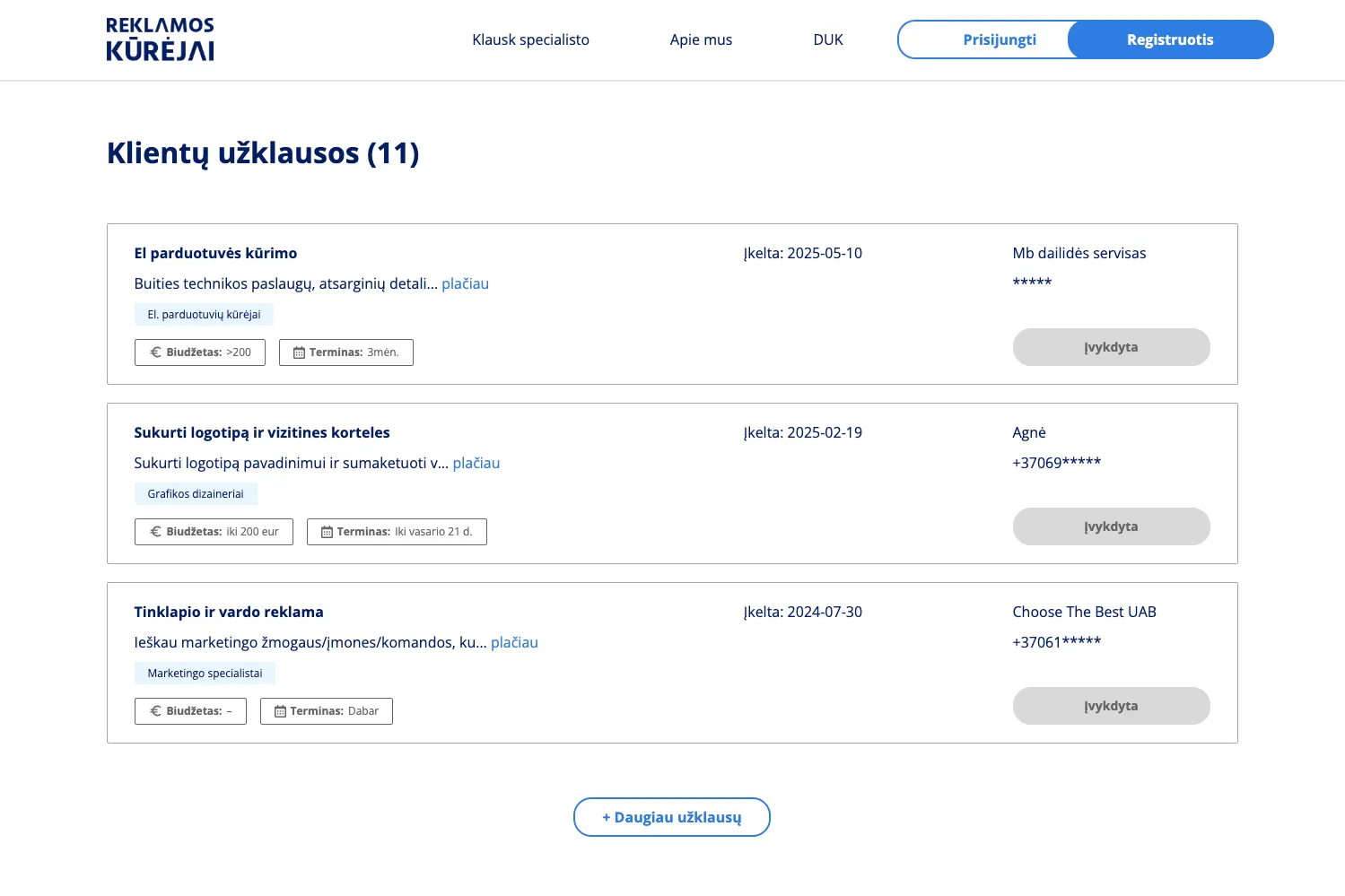 Klientų užklausų skydelis su paslaugų aprašymais, biudžetais ir terminų informacija