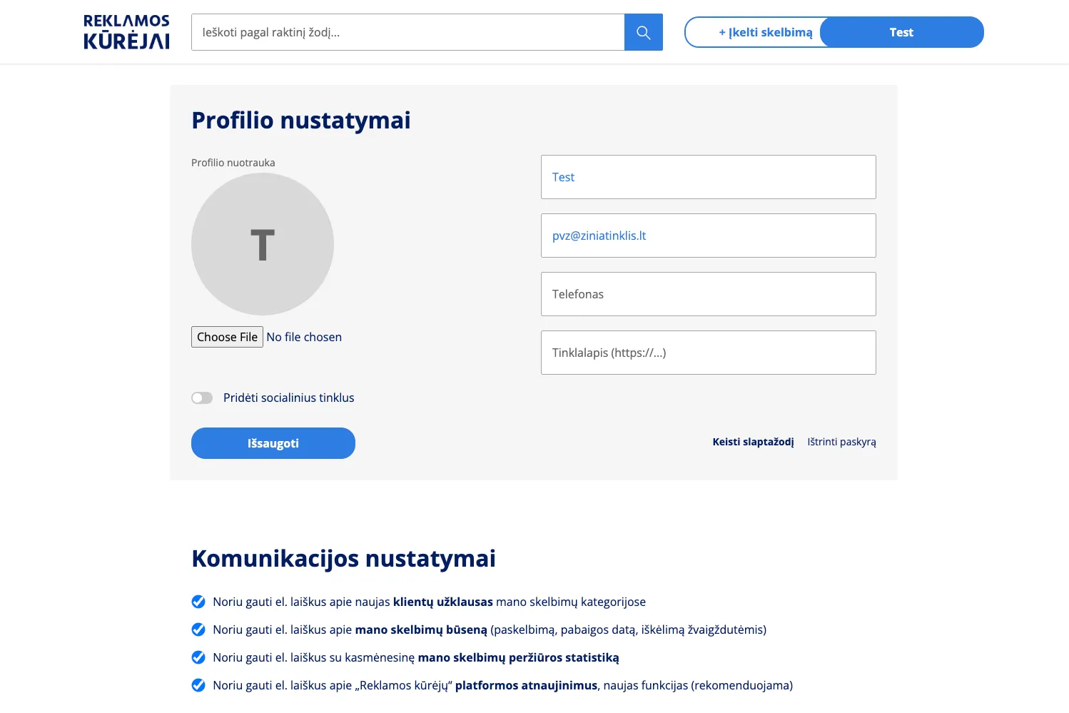 Vartotojo profilio nustatymų puslapis su kontaktų redagavimo ir pranešimų gavimo nustatymų galimybėmis