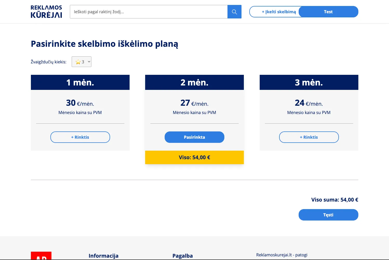 Skelbimo iškėlimo plano pasirinkimo puslapis su trimis skirtingo trukmės ir kainos pasiūlymais