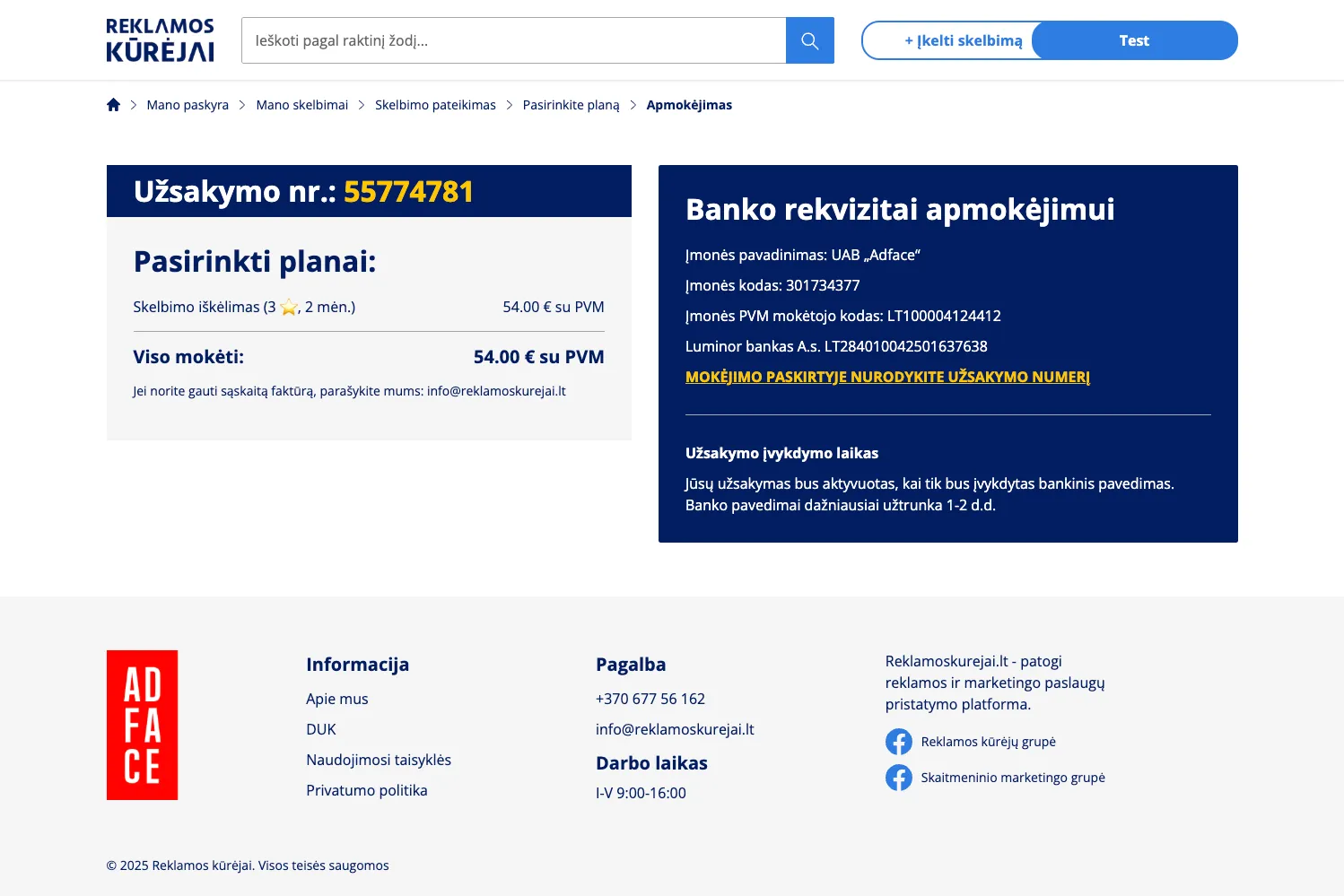 Užsakymo apmokėjimo puslapis su banko rekvizitais, mokėjimo instrukcijomis ir užsakymo numeriu