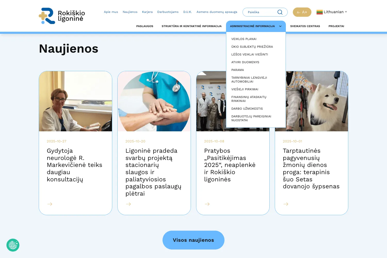 Puslapis su Rokiškio ligoninės naujienomis, administracine informacija ir veiklos planų skiltimi