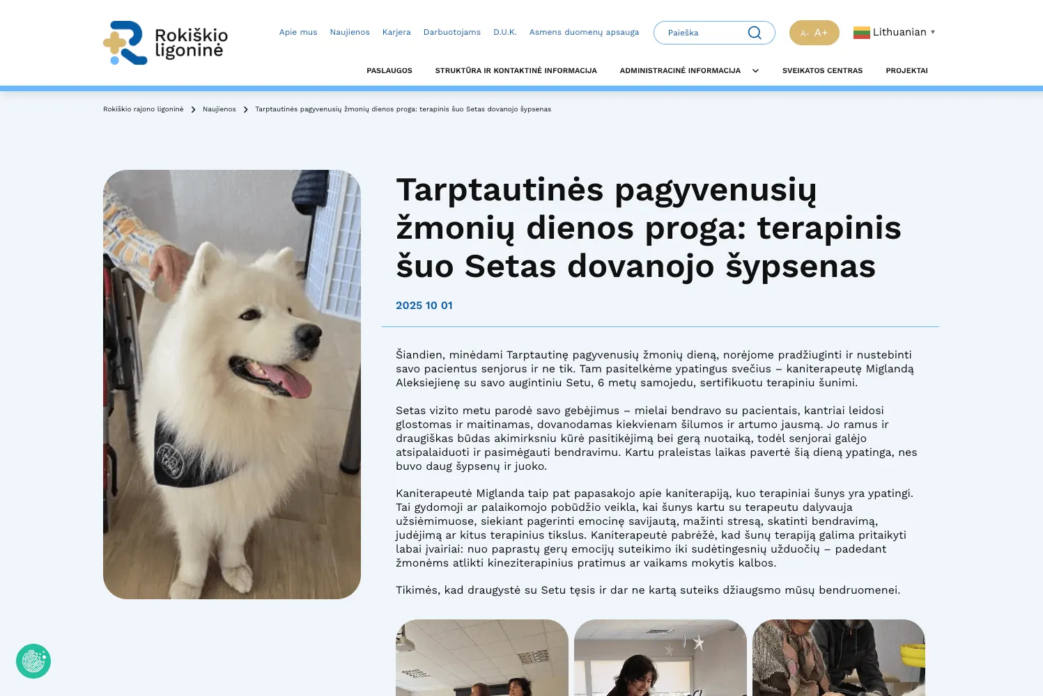 Straipsnis apie terapinį šunį Setą ir kaniterapijos renginį Rokiškio ligoninėje