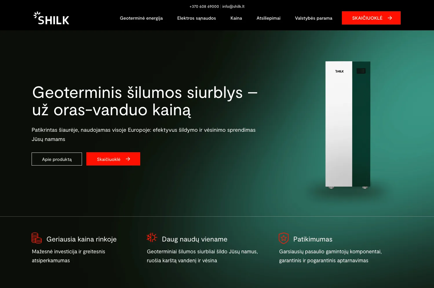 SHILK pagrindinis puslapis su geoterminio šilumos siurblio nuotrauka ir pagrindiniu šūkiu.