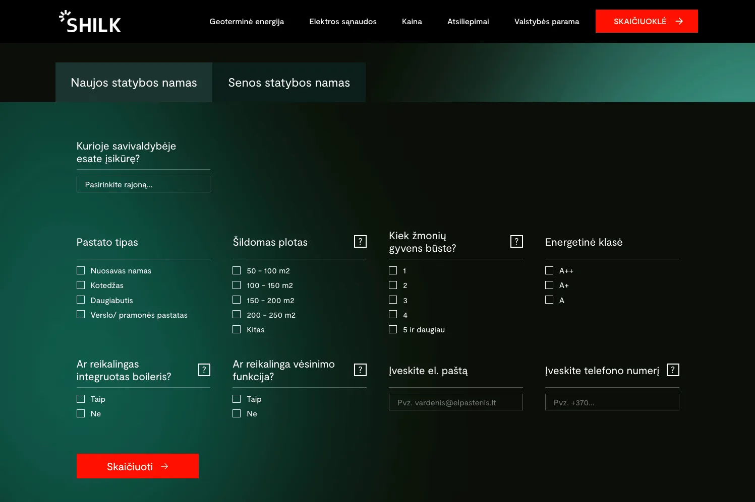 SHILK skaičiuoklės puslapis, kuriame vartotojas pasirenka būsto tipą, plotą, energinę klasę ir kitus parametrus.