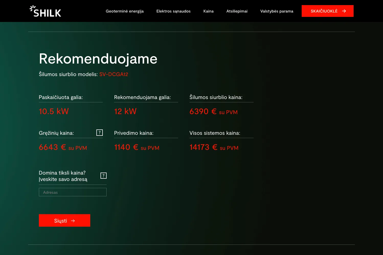 SHILK šilumos siurblio rekomendacijų puslapis su galia, kaina ir sistemos sąmata.