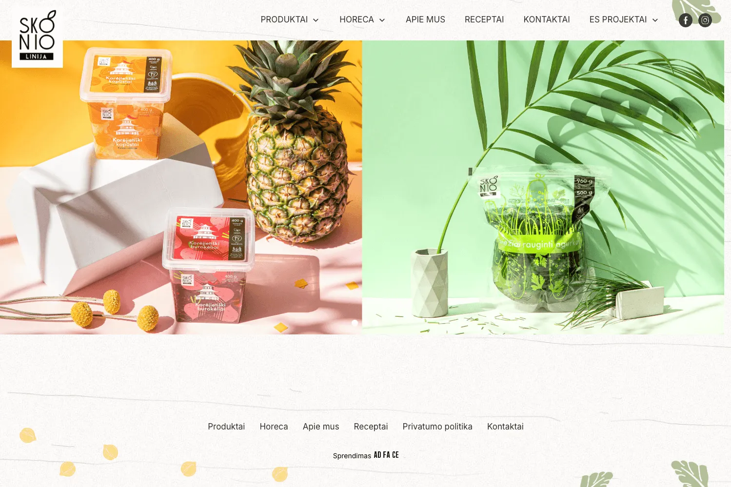 Skonio Linijos svetainės viršutinė navigacijos juosta su meniu punktais: Produktai, Horeca, Apie mus, Receptai, Kontaktai, ES Projektai