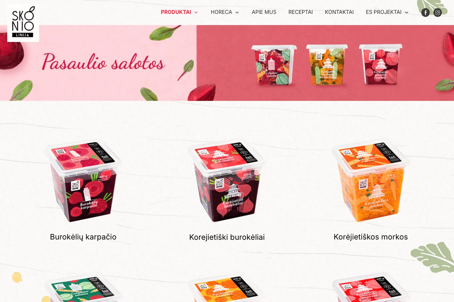 Svetainės skilties 'Pasaulio salotės' antrinis puslapis su burokėlių karpačio produktu ir korejietiškų daržovių nuotrauka