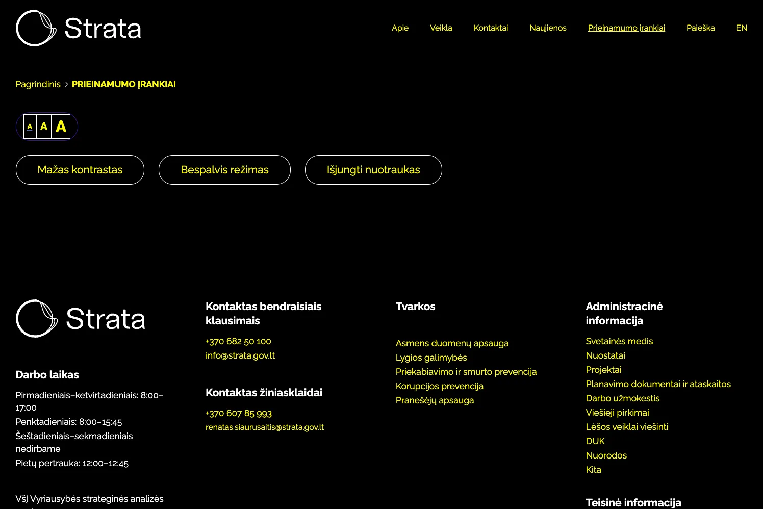 STRATA svetainės prieinamumo nustatymų puslapis su galimybe pasirinkti kontrasto lygį, išjungti nuotraukas ir aktyvuoti bespalvį režimą.