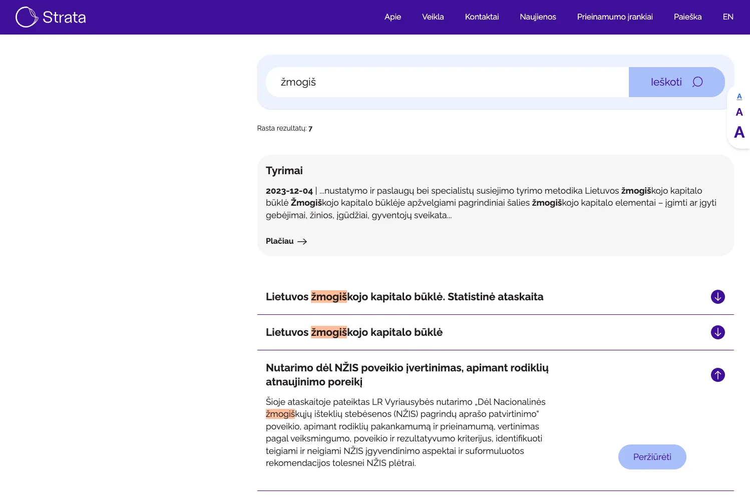 „Strata“ svetainės paieškos rezultatai su tyrimais apie Lietuvos žmogiškojo kapitalo būklę ir ataskaitomis.